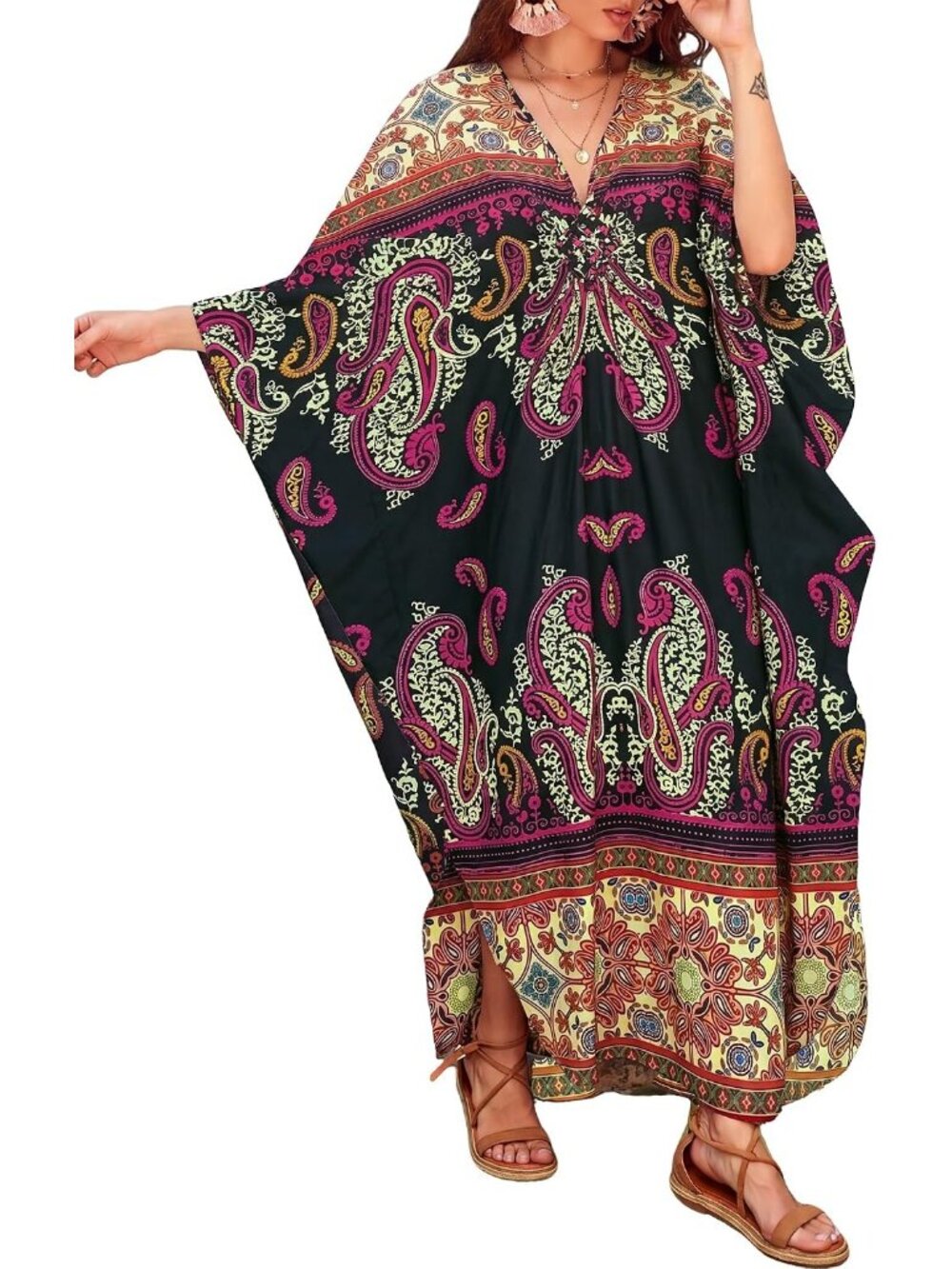Women's Plus Size black Paisley Print Kaftan Maxi Dress V Neck Batwing Swimsuit